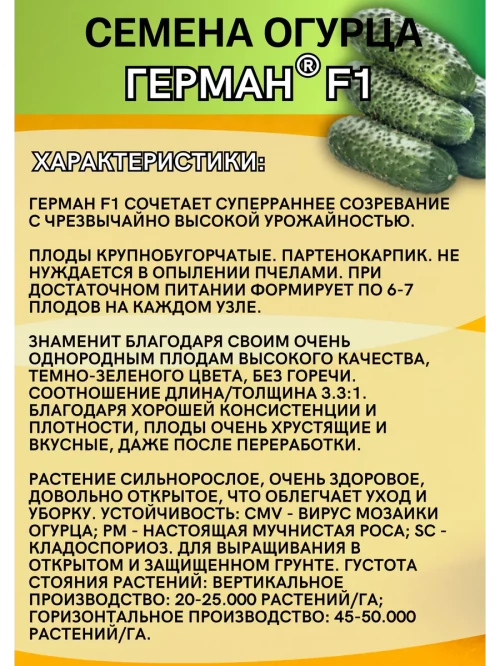 Герман F1 250 штук семена огурца корнишона раннего